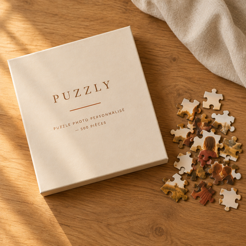 Coffret Puzzly avec pièces de puzzle photo éparpillées sur une table en bois